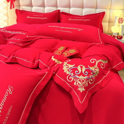 91家纺网 家纺一手货源 找家纺 花愿（原花纪） 2025新款水洗棉刺绣婚庆款四件套 禧悦