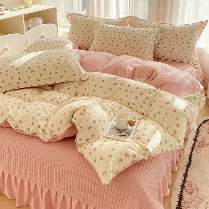 91家纺网 家纺一手货源 找家纺 尚美 2025新款小碎花针织棉床盖四件套 玫瑰