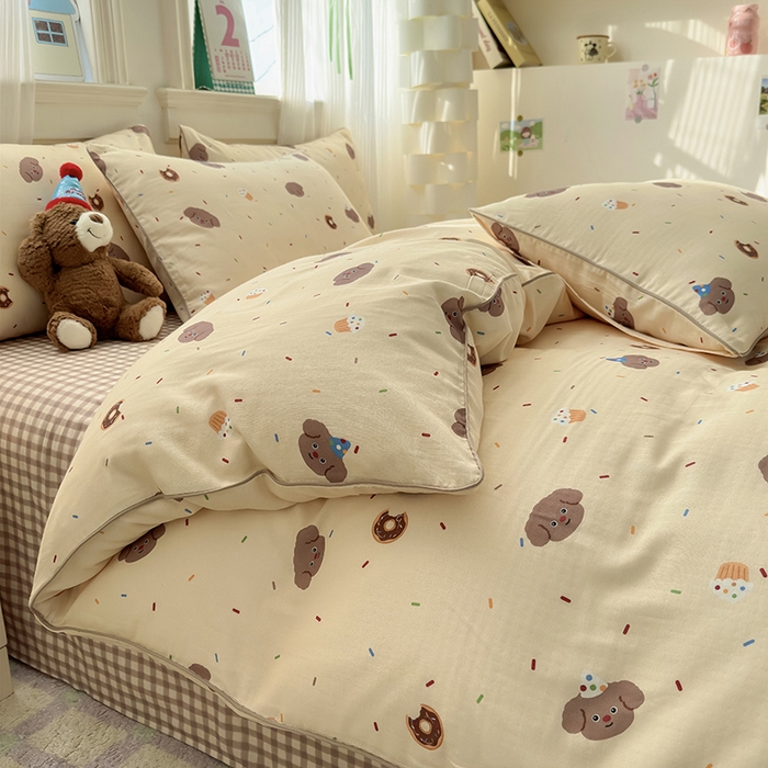 91家纺网 家纺一手货源 找家纺 沐棉家居 2025新款全棉双层纱四件套 狗狗派对