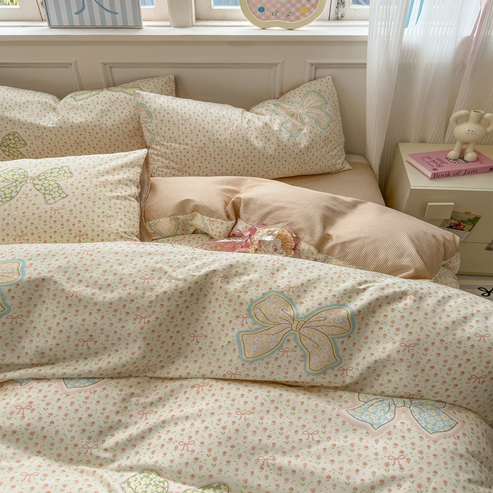 91家纺网 家纺一手货源 找家纺 沐棉家居 2025新款全棉印花四件套 蝴蝶结