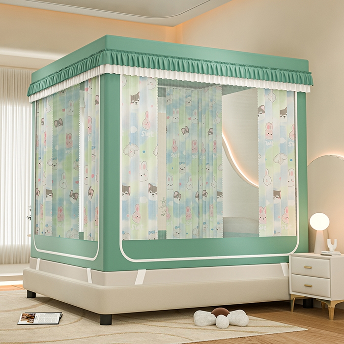 91家纺网 家纺一手货源 找家纺 千逸虹 2025新款坐床防摔可拆卸遮光双层布帘蚊帐 萌宠来袭