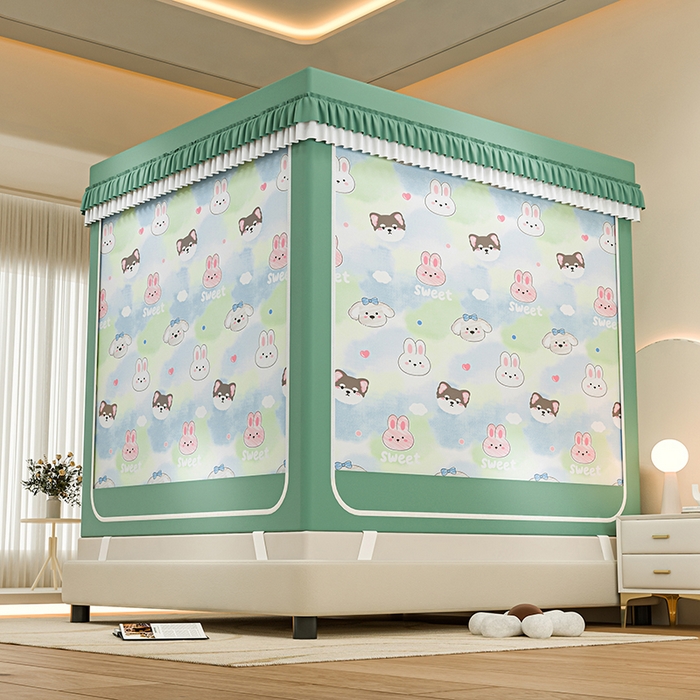 91家纺网 家纺一手货源 找家纺 千逸虹 2025新款坐床防摔可拆卸遮光双层布帘蚊帐 萌宠来袭