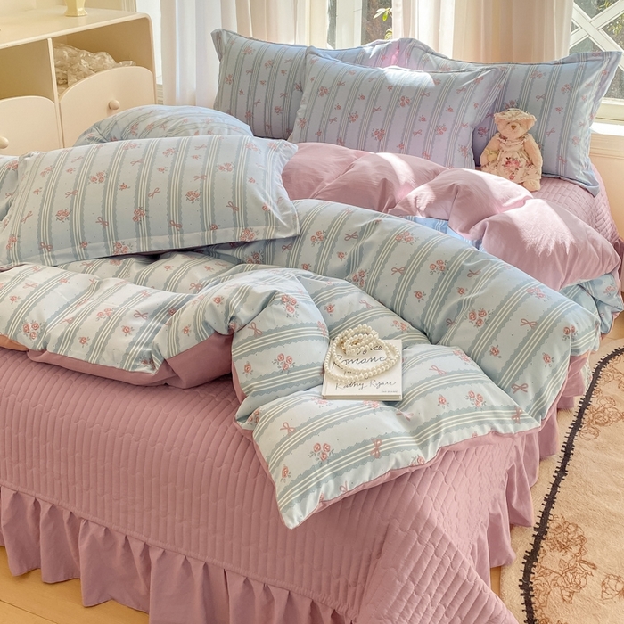 91家纺网 家纺一手货源 找家纺 尚美 2025新款小碎花针织棉床盖四件套 梅兰