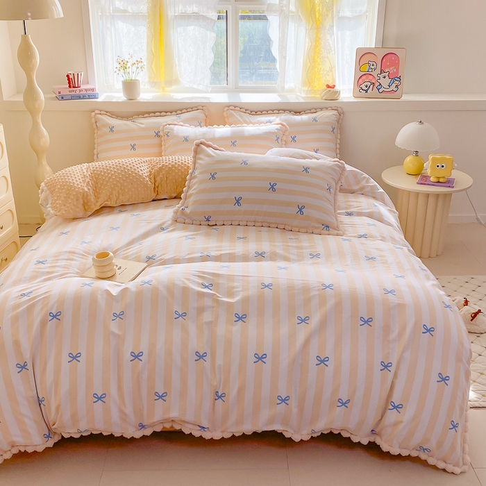 91家纺网 家纺一手货源 找家纺 千朵 2025新款棉加豆豆绒毛毛球边四件套 简单爱