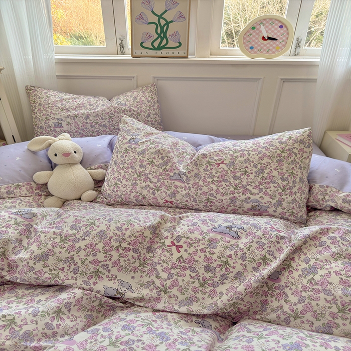 91家纺网 家纺一手货源 找家纺 沐棉家居 2025新款全棉印花四件套 紫花小羊