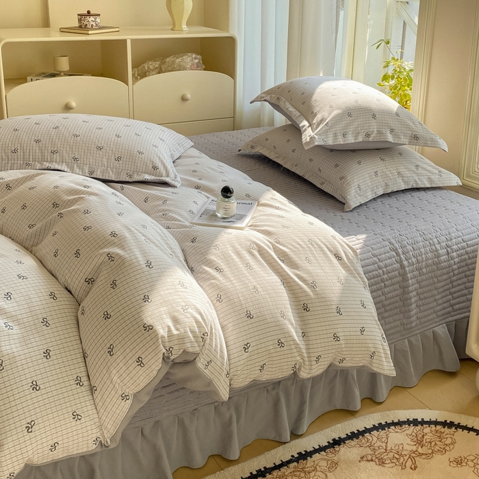 91家纺网 家纺一手货源 找家纺 尚美 2025新款小碎花针织棉床盖四件套 开心结