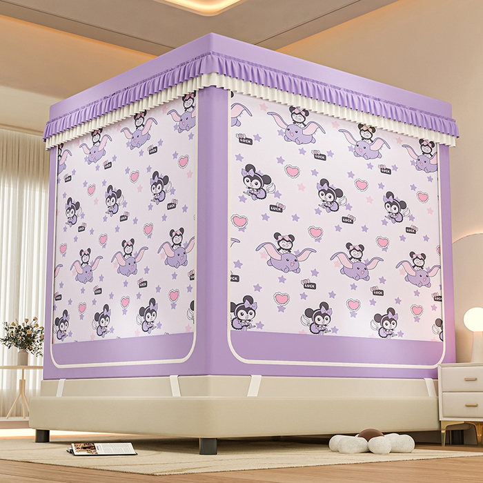 91家纺网 家纺一手货源 找家纺 千逸虹 2025新款坐床防摔可拆卸遮光双层布帘蚊帐 幸运洛米