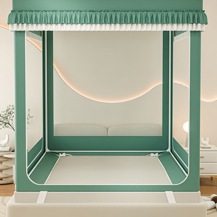 91家纺网 家纺一手货源 找家纺 千逸虹 2025新款坐床防摔可拆卸遮光双层布帘蚊帐 萌宠来袭