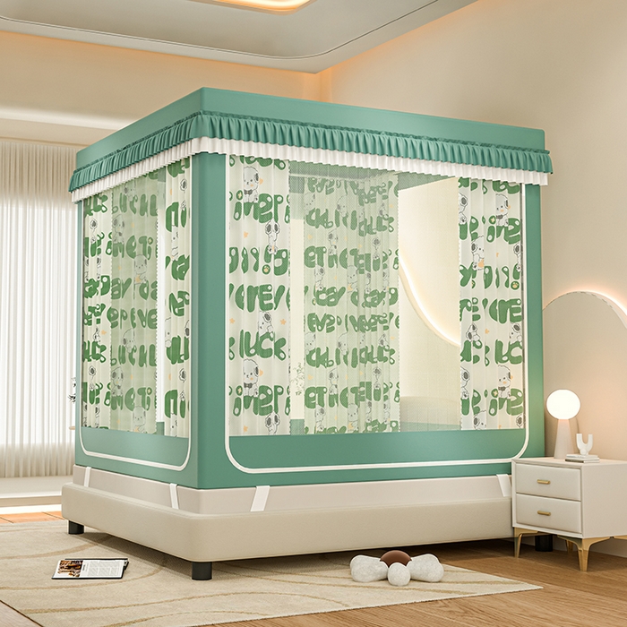 91家纺网 家纺一手货源 找家纺 千逸虹 2025新款坐床防摔可拆卸遮光双层布帘蚊帐 字母宝贝