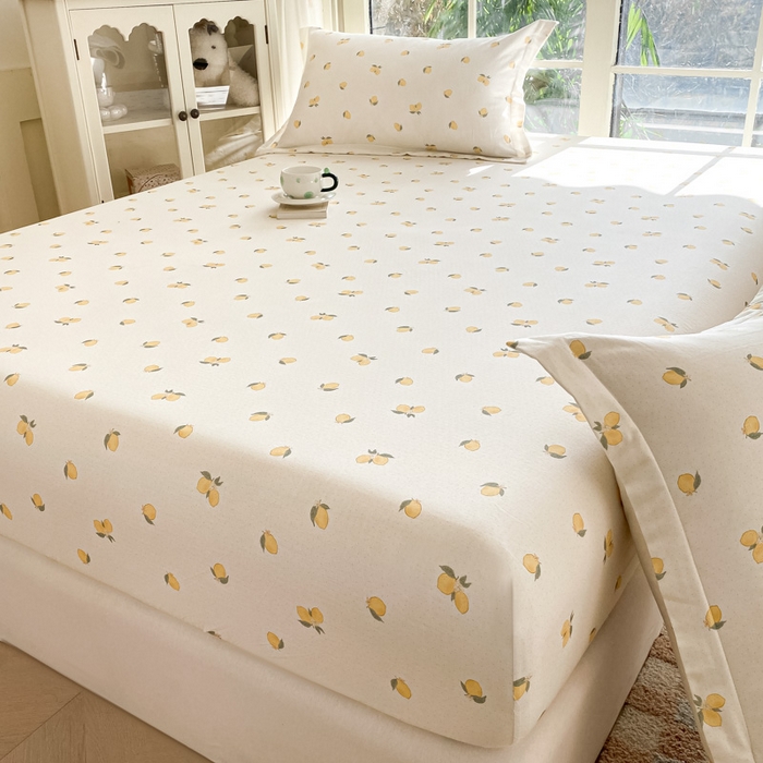 91家纺网 家纺一手货源 找家纺 晨希家居 2025新款全棉A类双层纱床笠 小柠檬