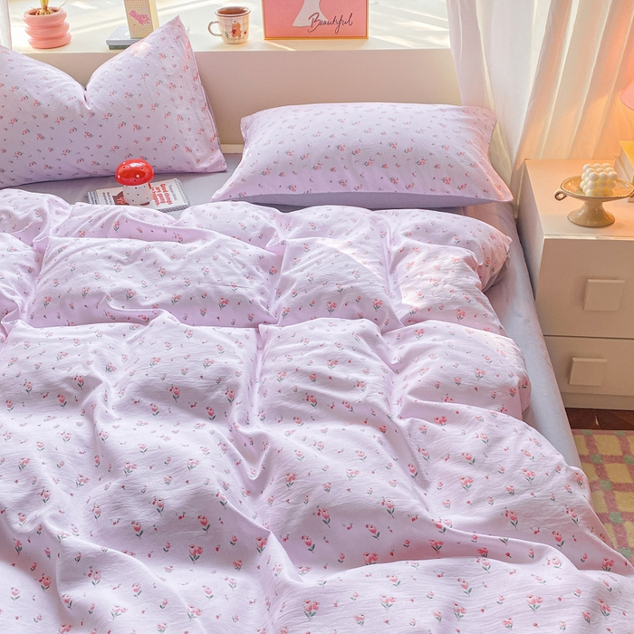 91家纺网 家纺一手货源 找家纺 2025新款高克重小碎花水洗棉四件套 郁金香