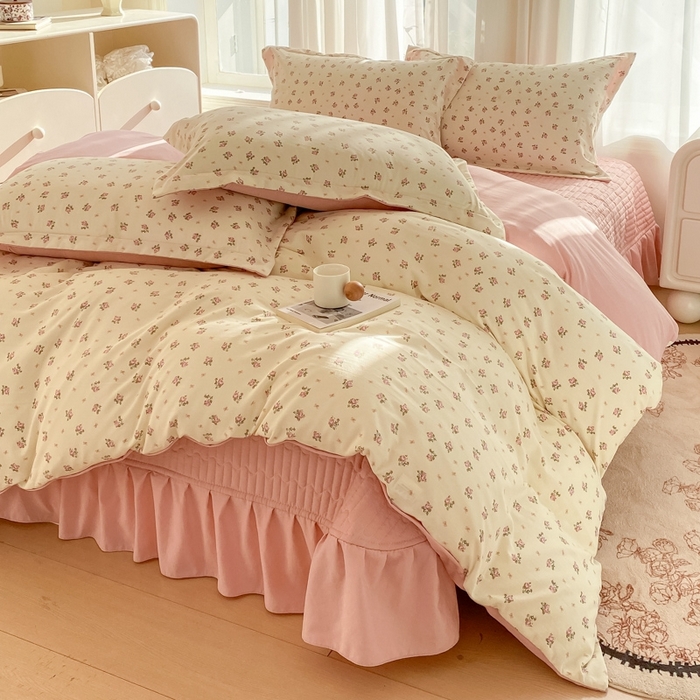 91家纺网 家纺一手货源 找家纺 尚美 2025新款小碎花针织棉床盖四件套 玫瑰