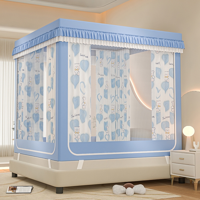 91家纺网 家纺一手货源 找家纺 千逸虹 2025新款坐床防摔可拆卸遮光双层布帘蚊帐 甜蜜小熊