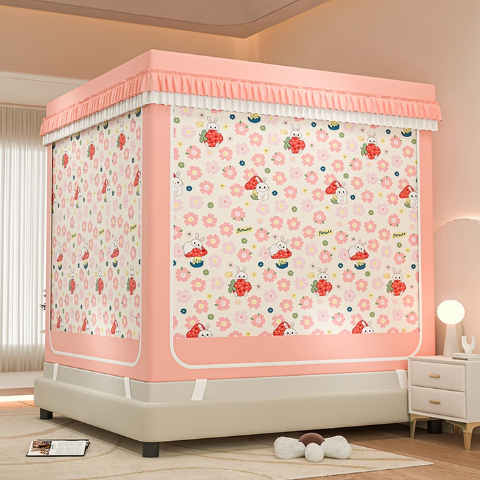 91家纺网 家纺一手货源 找家纺 千逸虹 2025新款坐床防摔可拆卸遮光双层布帘蚊帐 蘑菇花园