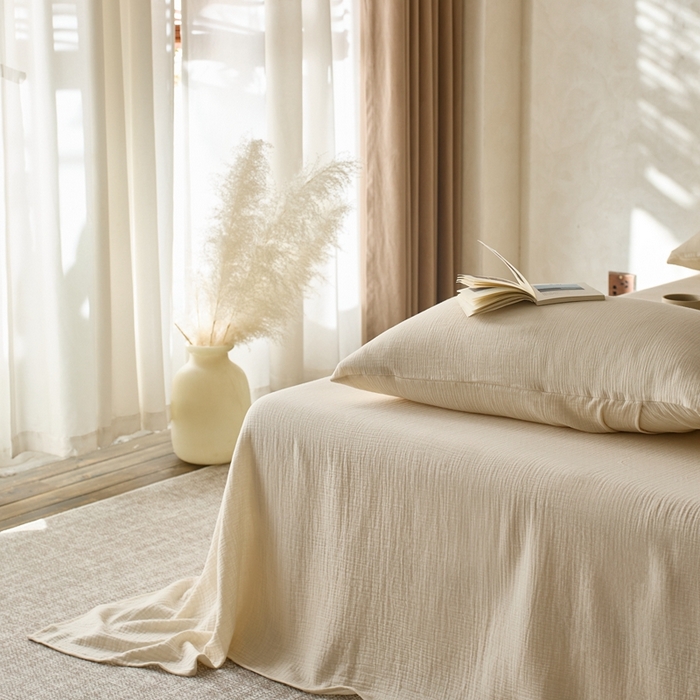 91家纺网 家纺一手货源 找家纺 蓝邻 2025新款全棉双层皱皱纱单品系列-单床单 奶昔白