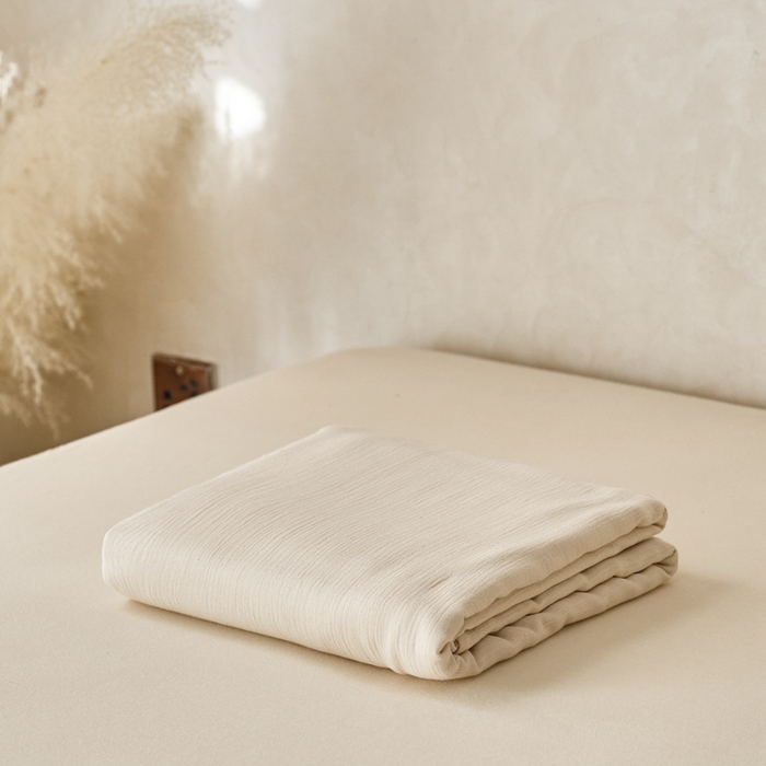 91家纺网 家纺一手货源 找家纺 蓝邻 2025新款全棉双层皱皱纱单品系列-单床单 奶昔白