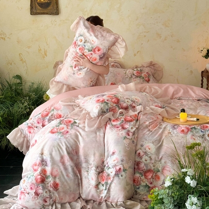 你好美丽 2025新品水洗棉皱皱纱大宽边印花四件套 夏夜粉