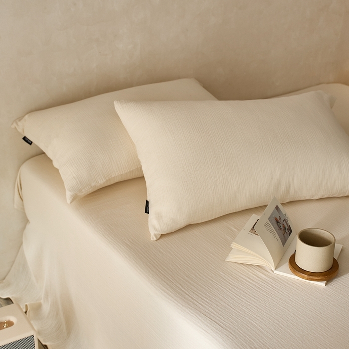 91家纺网 家纺一手货源 找家纺 蓝邻 2025新款全棉双层皱皱纱单品系列-单床单 奶昔白