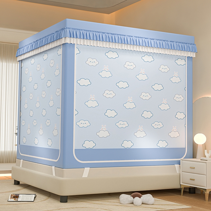 91家纺网 家纺一手货源 找家纺 千逸虹 2025新款坐床防摔可拆卸遮光双层布帘蚊帐 云朵兔