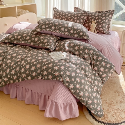 尚美 2025新款小碎花针织棉床盖四件套 复古花