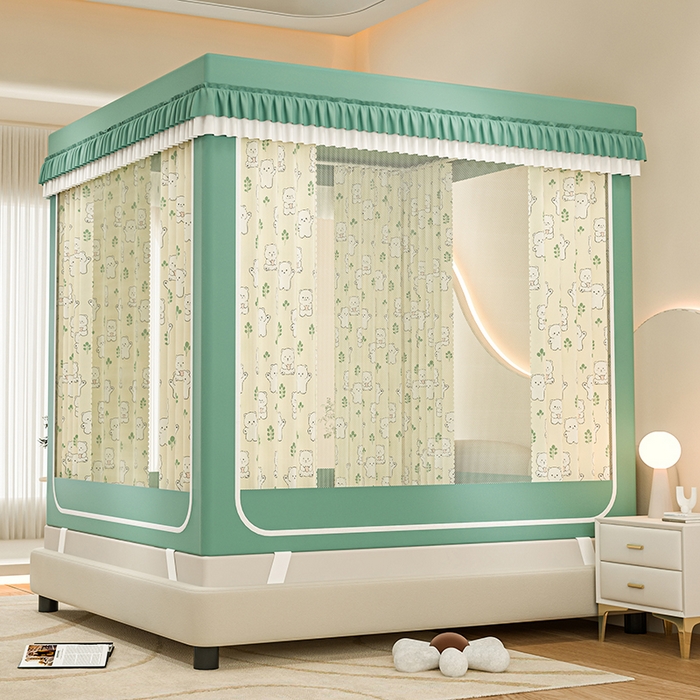 91家纺网 家纺一手货源 找家纺 千逸虹 2025新款坐床防摔可拆卸遮光双层布帘蚊帐 熊熊乐园