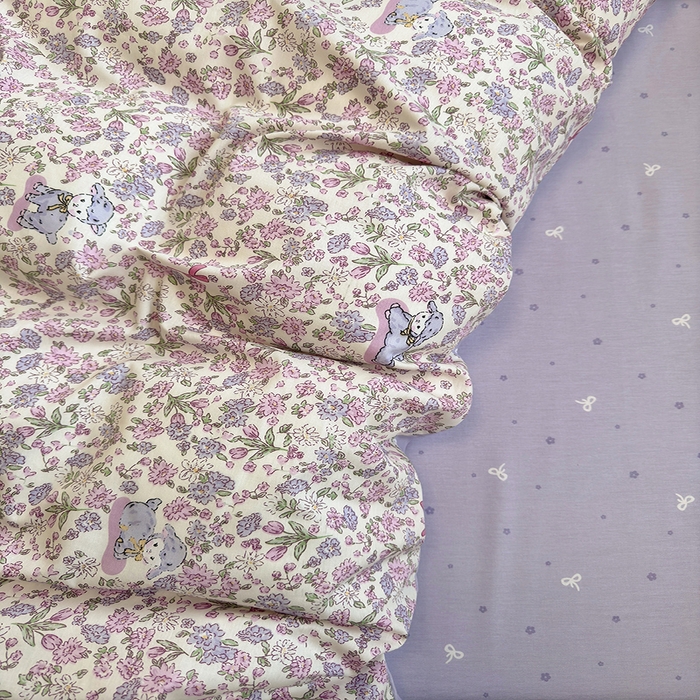 91家纺网 家纺一手货源 找家纺 沐棉家居 2025新款全棉印花四件套 紫花小羊