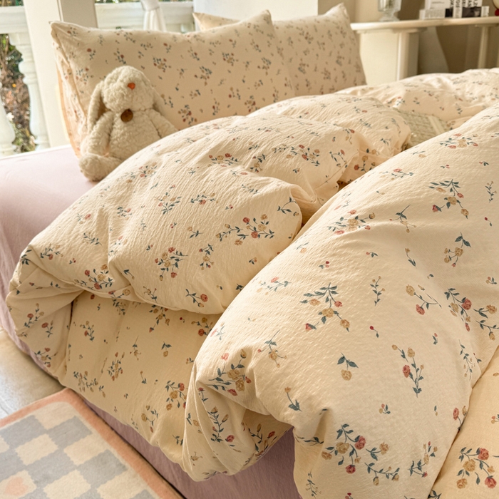 91家纺网 家纺一手货源 找家纺 韩巢家纺 2025新款云感双层纱床上用品四件套超柔裸睡级床单被套三件套-(提供卖家秀) 春风十里