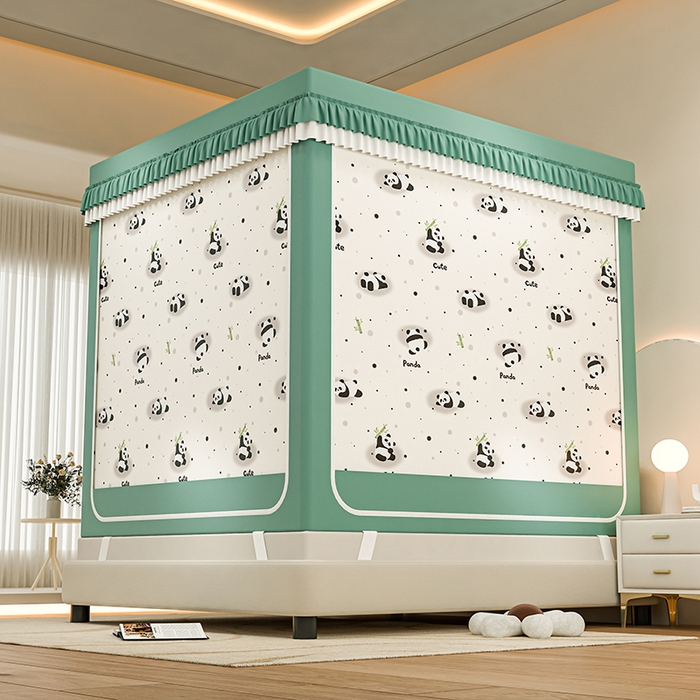 91家纺网 家纺一手货源 找家纺 千逸虹 2025新款坐床防摔可拆卸遮光双层布帘蚊帐 熊猫世界