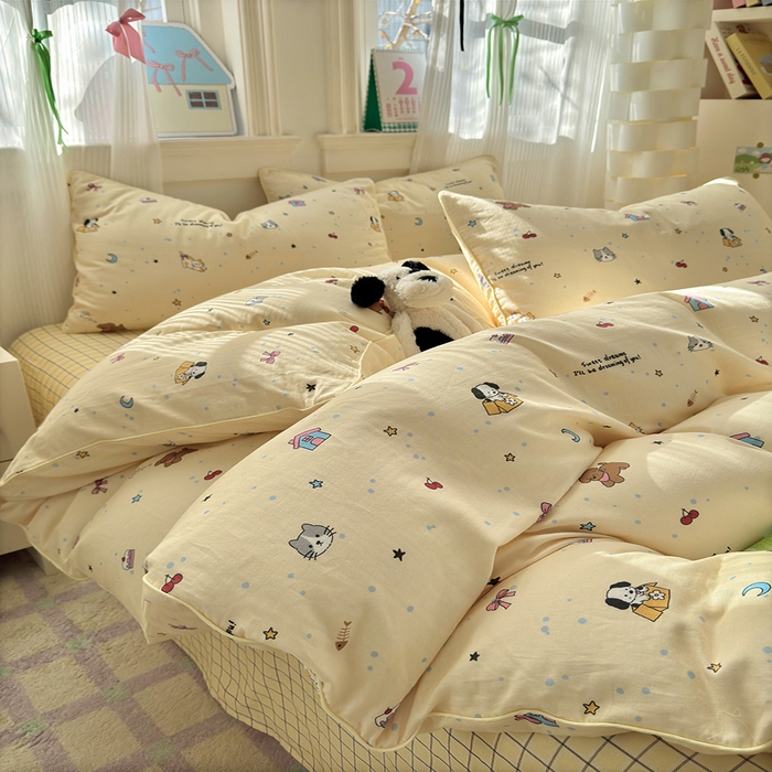 91家纺网 家纺一手货源 找家纺 沐棉家居 2025新款全棉双层纱四件套 萌宠