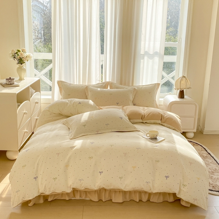 91家纺网 家纺一手货源 找家纺 尚美 2025新款小碎花针织棉床盖四件套 波点蝴蝶