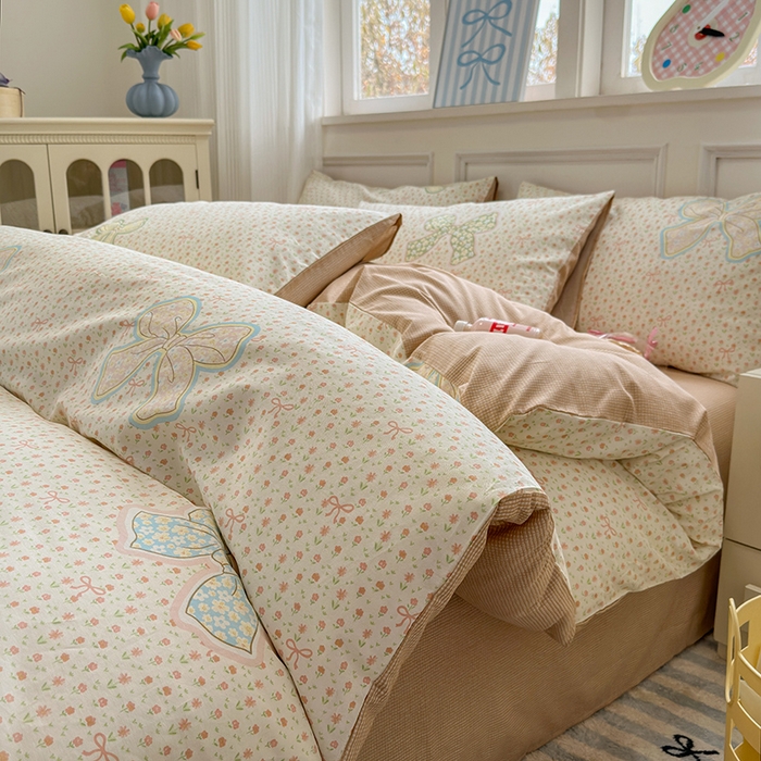 91家纺网 家纺一手货源 找家纺 沐棉家居 2025新款全棉印花四件套 蝴蝶结