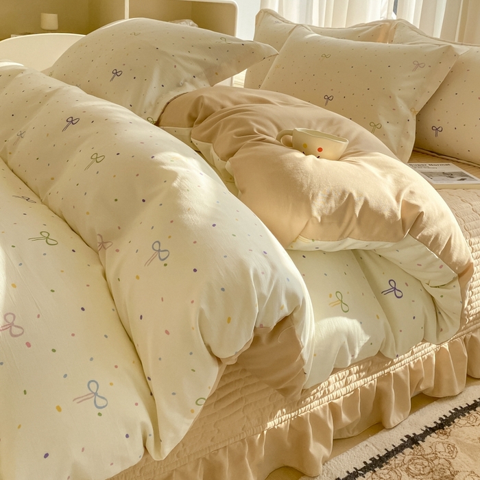 91家纺网 家纺一手货源 找家纺 尚美 2025新款小碎花针织棉床盖四件套 波点蝴蝶