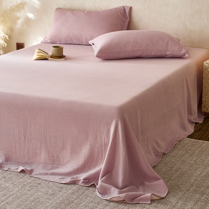 91家纺网 家纺一手货源 找家纺 蓝邻 2025新款全棉双层皱皱纱单品系列-单床单 木槿紫