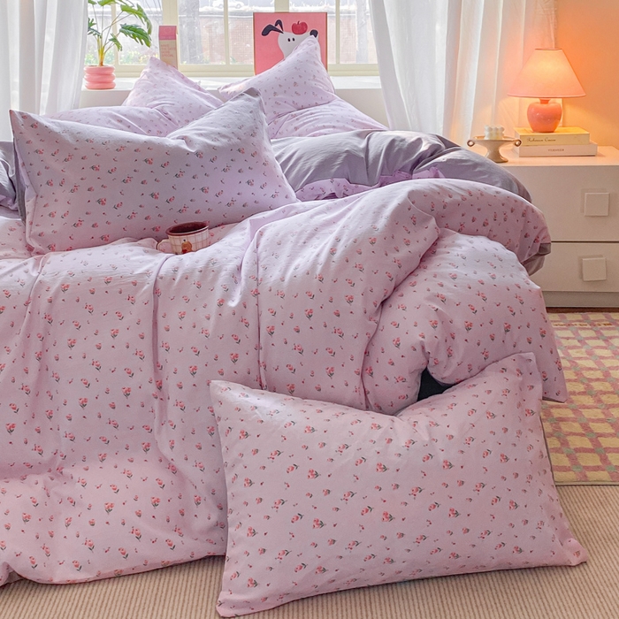 91家纺网 家纺一手货源 找家纺 2025新款高克重小碎花水洗棉四件套 郁金香