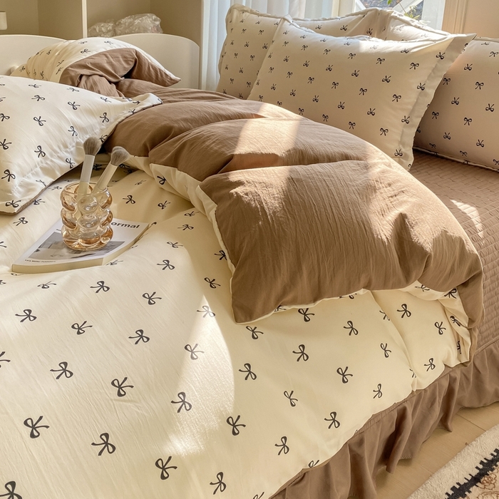 91家纺网 家纺一手货源 找家纺 尚美 2025新款小碎花针织棉床盖四件套 蝴蝶结