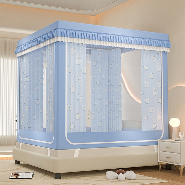 91家纺网 家纺一手货源 找家纺 千逸虹 2025新款坐床防摔可拆卸遮光双层布帘蚊帐 云朵兔