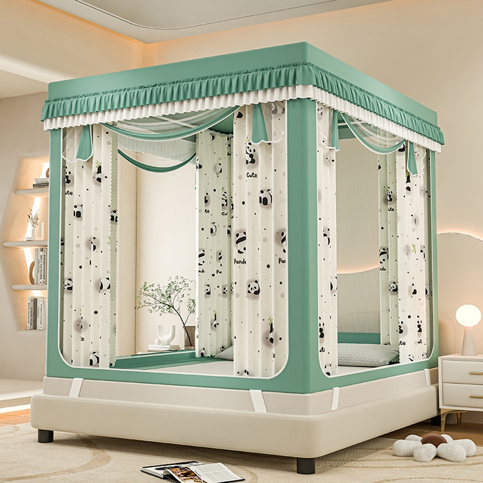 91家纺网 家纺一手货源 找家纺 千逸虹 2025新款坐床防摔可拆卸遮光双层布帘蚊帐 熊猫世界