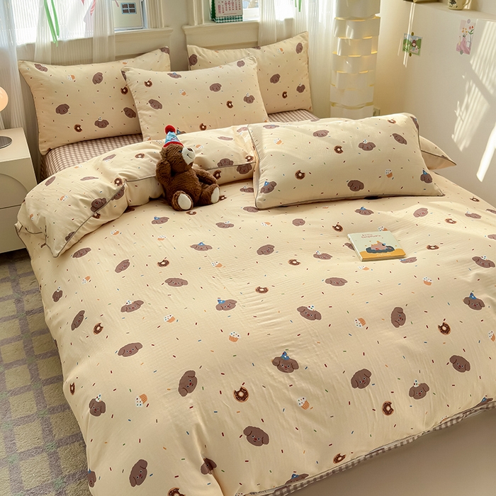 91家纺网 家纺一手货源 找家纺 沐棉家居 2025新款全棉双层纱四件套 狗狗派对