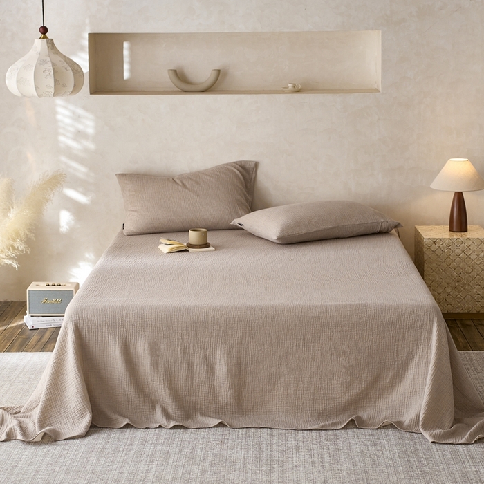 91家纺网 家纺一手货源 找家纺 蓝邻 2025新款全棉双层皱皱纱单品系列-单床单 深驼