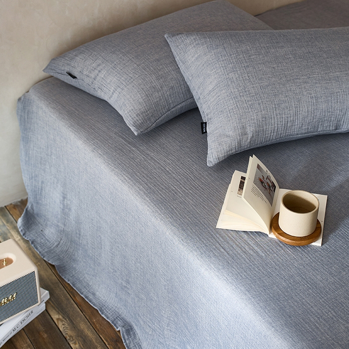 91家纺网 家纺一手货源 找家纺 蓝邻 2025新款全棉双层皱皱纱单品系列-单床单 黛蓝