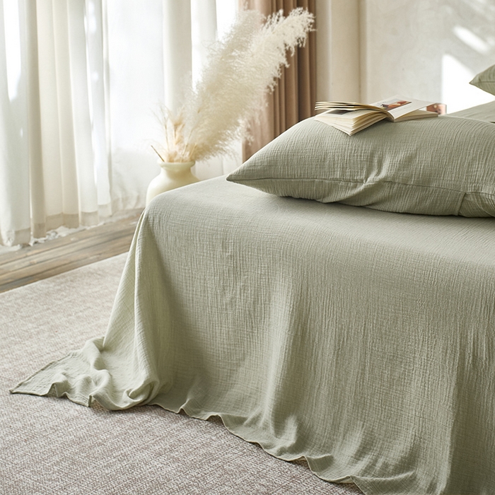 91家纺网 家纺一手货源 找家纺 蓝邻 2025新款全棉双层皱皱纱单品系列-单床单 牛油果绿