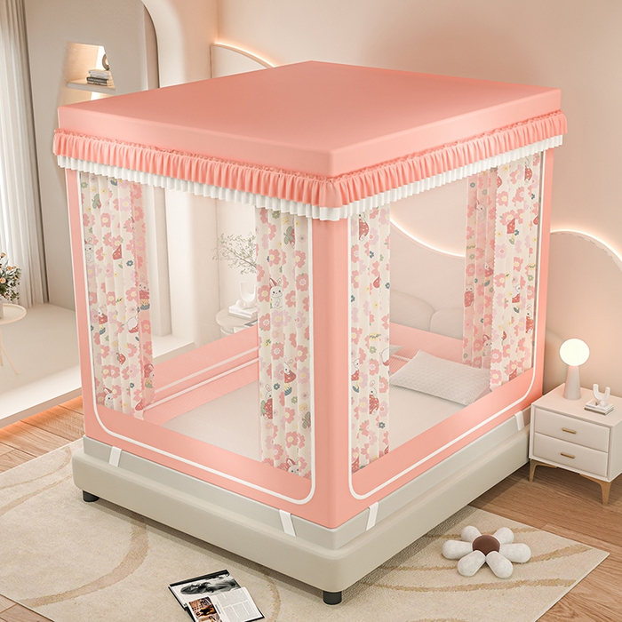 91家纺网 家纺一手货源 找家纺 千逸虹 2025新款坐床防摔可拆卸遮光双层布帘蚊帐 蘑菇花园