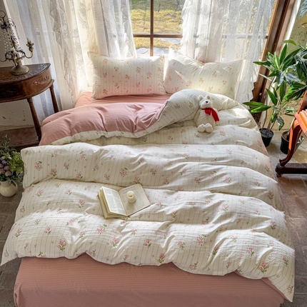 91家纺网 家纺一手货源 找家纺 晚爱家纺（原晚安家居） 2025新款A类双层纱有氧提花彩竺棉小竺棉四件套 蔷薇园