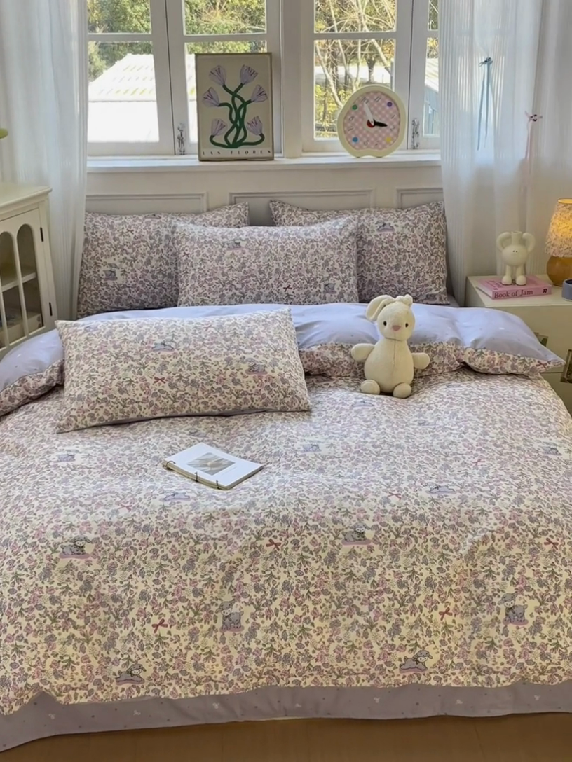 91家纺网 家纺一手货源 找家纺 沐棉家居 2025新款全棉印花四件套 紫花小羊