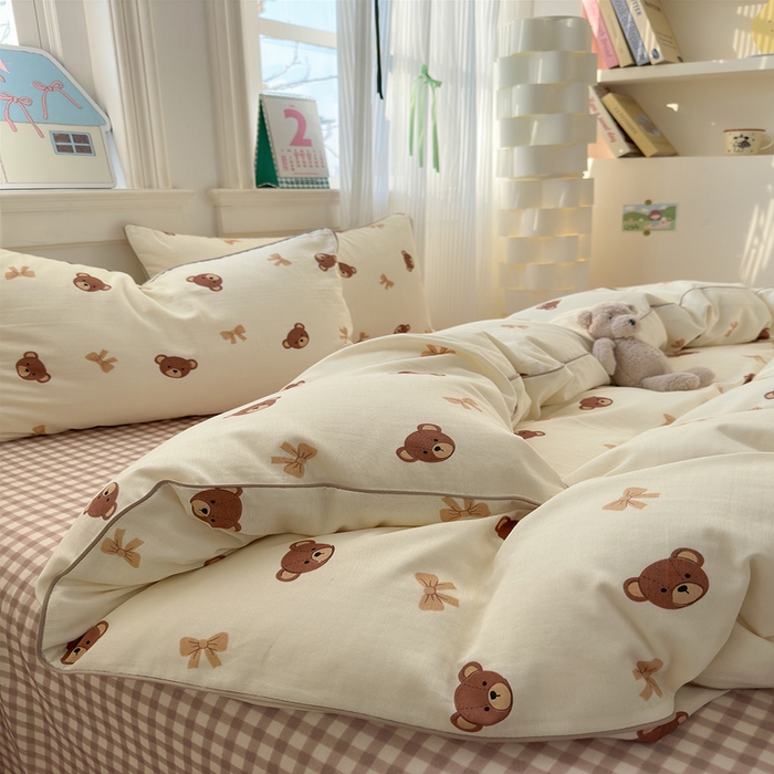 91家纺网 家纺一手货源 找家纺 沐棉家居 2025新款全棉双层纱四件套 迷你熊