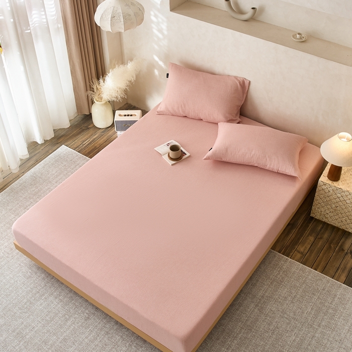 91家纺网 家纺一手货源 找家纺 蓝邻 2025新款全棉双层皱皱纱单品系列-单床笠 蔷薇粉