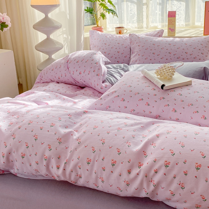 91家纺网 家纺一手货源 找家纺 2025新款高克重小碎花水洗棉四件套 郁金香