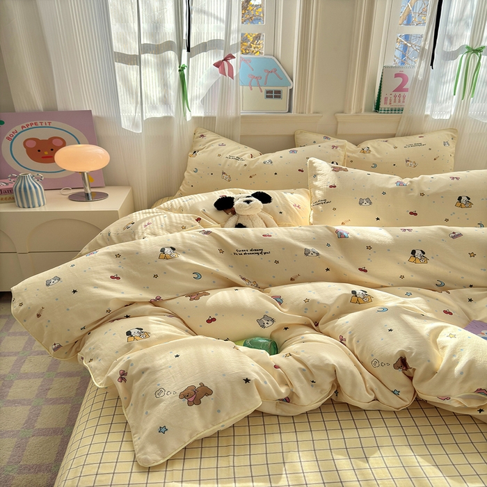 91家纺网 家纺一手货源 找家纺 沐棉家居 2025新款全棉双层纱四件套 萌宠