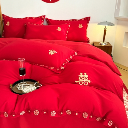 91家纺网 家纺一手货源 找家纺 花愿（原花纪） 2025新款水洗棉刺绣婚庆款四件套 喜上加喜