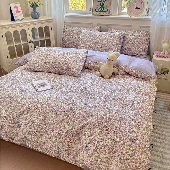 91家纺网 家纺一手货源 找家纺 沐棉家居 2025新款全棉印花四件套 紫花小羊